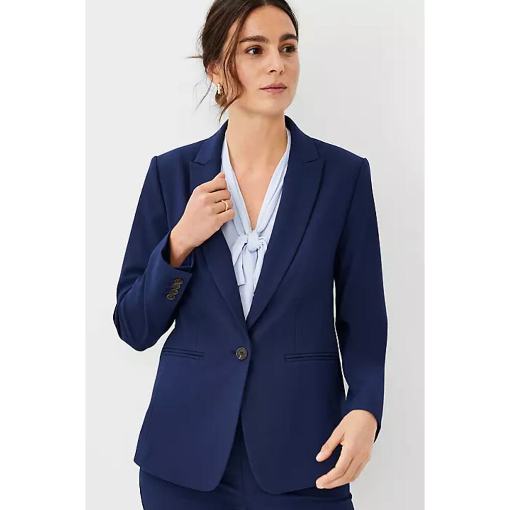 NEW ANN TAYLOR PURE SAPPHIRE BLUE LONG ONE BUTTON BI-STRETCH BLAZER JACKET SZ 4